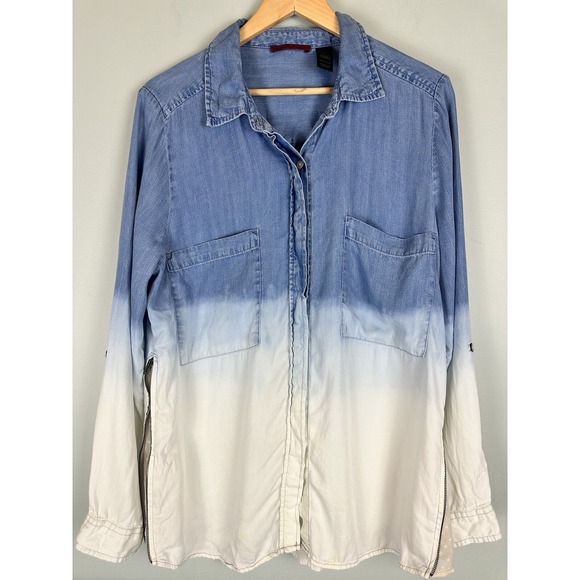 BKE Tops - BKE Red Women's Long Sleeve Full Button Denim Ombre Shirt Top with Pockets L